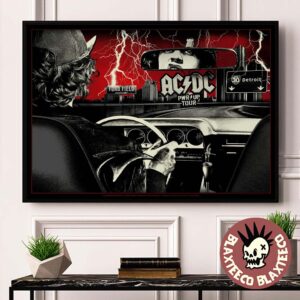 ACDC PWR Up Detroit 2025 Exclusive Poster At Ford Field Michigan On April 30 2025 Angus Young Riding A Car Artwork Landscape Poster Canvas For Home Decor