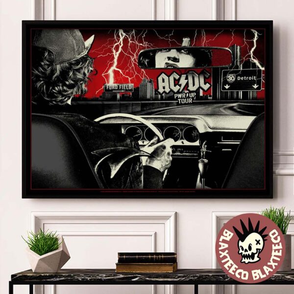 ACDC PWR Up Detroit 2025 Exclusive Poster At Ford Field Michigan On April 30 2025 Angus Young Riding A Car Artwork Landscape Poster Canvas For Home Decor