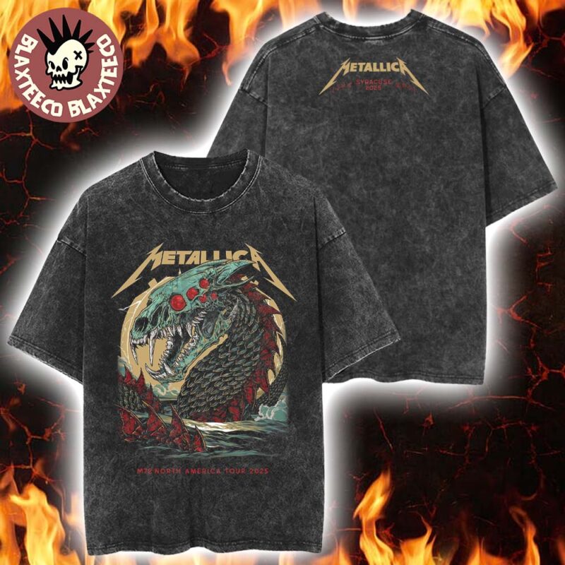 Metallica M72 Syracuse New York Pop Up Shop Merch Tee At JMA Wireless Dome In Syracuse On April 19 2025 M72 North America Tour 2025 Skeleton World Serpent Washed Tee