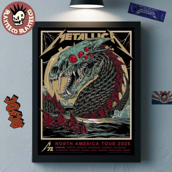Metallica M72 Syracuse New York Pop Up Shop Poster At JMA Wireless Dome In Syracuse On April 19 2025 M72 North America Tour 2025 Skeleton World Serpent Jormungandr Artwork Home Decor Poster Canvas