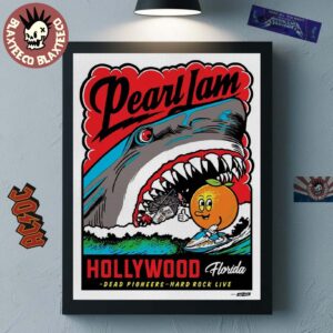 Pearl Jam Hollywood Florida Event Poster With Dead Pioneers At Hard Rock Live On April 24 2025 Dark Matter World Tour 2025 Shark And The Surfing Orange Artwork Home Decor Poster Canvas