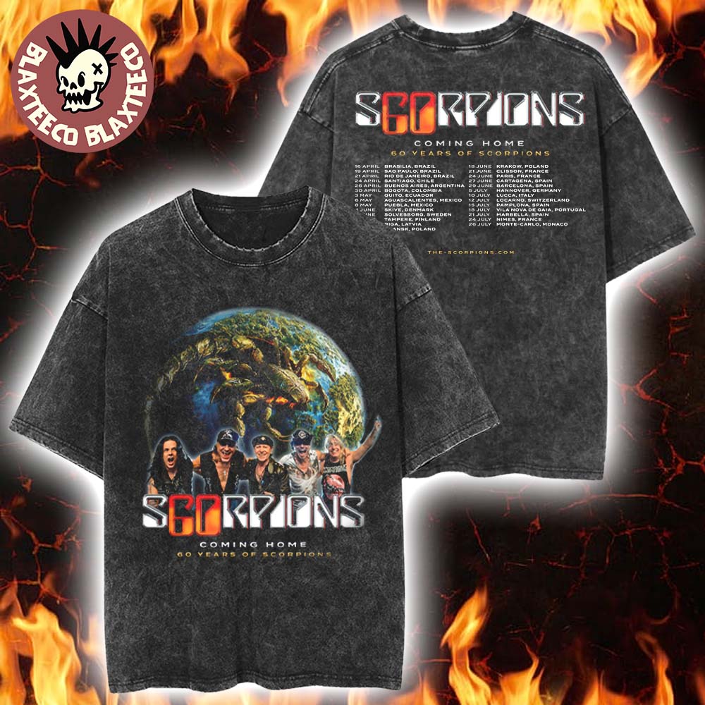 Scorpions Coming Home 60 Years Of Scorpions 2025 Schedule Tour Dates Two Sided Vintage Washed T-Shirt