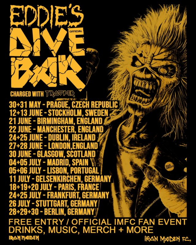 Iron Maiden Eddie's Dive Bar Charged With Trooper On The Road For 2025 Pop up Dive Bar Schedule Dates