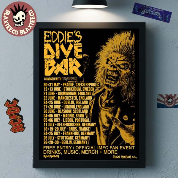 Iron Maiden Eddie’s Dive Bar Charged With Trooper On The Road For 2025 Pop-up Dive Bar Schedule Dates Home Decor Poster Canvas