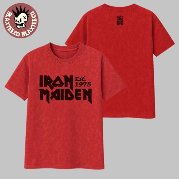 Iron Maiden Est 1975 Logo Vintage 50th Anniversary Red Washed Tee Shirt