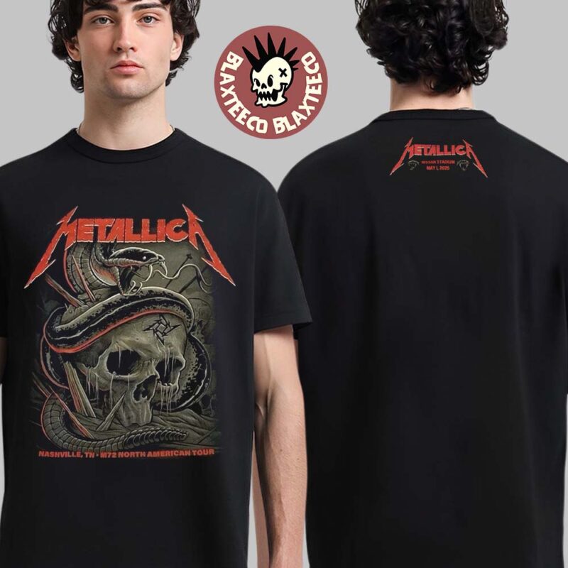 Metallica M72 Nashville Night 1 Venue Merch For Nashville Tennessee At Nissan Stadium On May 1 2025 M72 North American Tour Snake And Skull Artwork Two Sided Unisex T Shirt