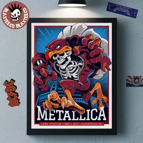 Metallica M72 Virginia Tech 2025 Venue Poster In Blacksburg VA At Lane Stadium On May 7 2025 Skeleton Mascot HokieBird Home Decor Poster Canvas