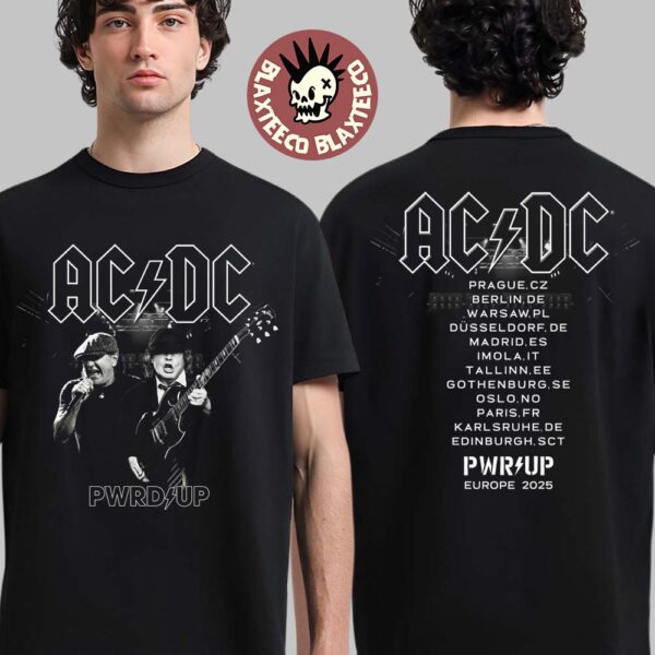ACDC PWR Up Europe 2025 Tour Angus and Brian Photo With Tour Dates Black And White Two Sided T-Shirt