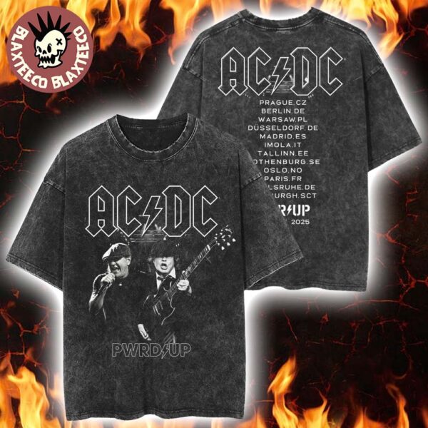 ACDC PWR Up Europe 2025 Tour Angus and Brian Photo With Tour Dates Black And White Washed T-Shirt