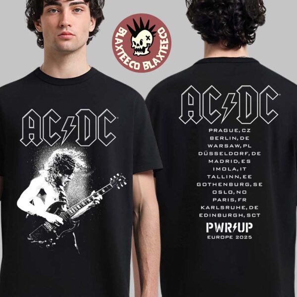 ACDC PWR Up Europe 2025 Tour Merch Angus Electric Photo With Tour Dates Two Sided T-Shirt