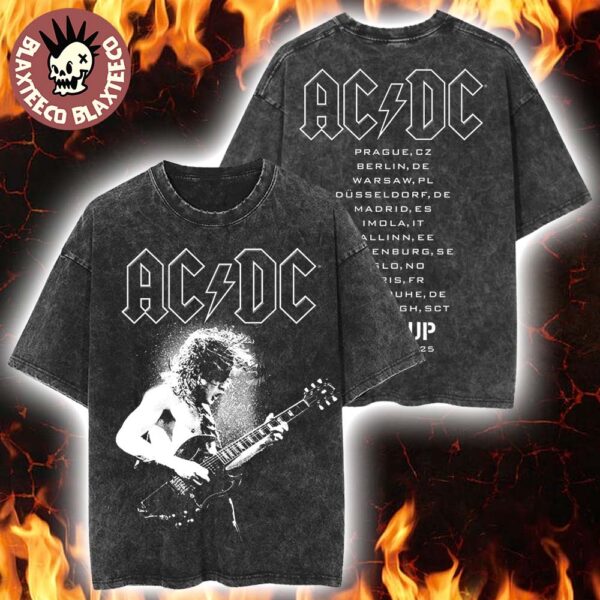 ACDC PWR Up Europe 2025 Tour Merch Angus Electric Photo With Tour Dates Washed T-Shirt