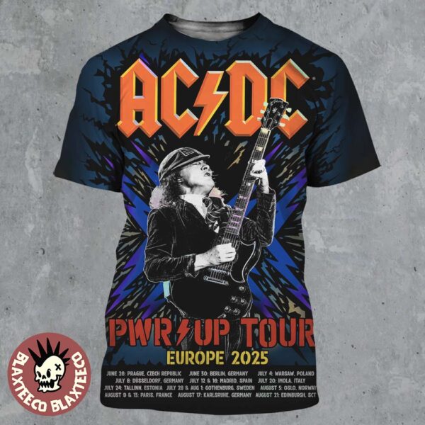 ACDC PWR Up Tour Europe 2025 Official Tour Dates Angus Young Thunder Art All Over Print Shirt