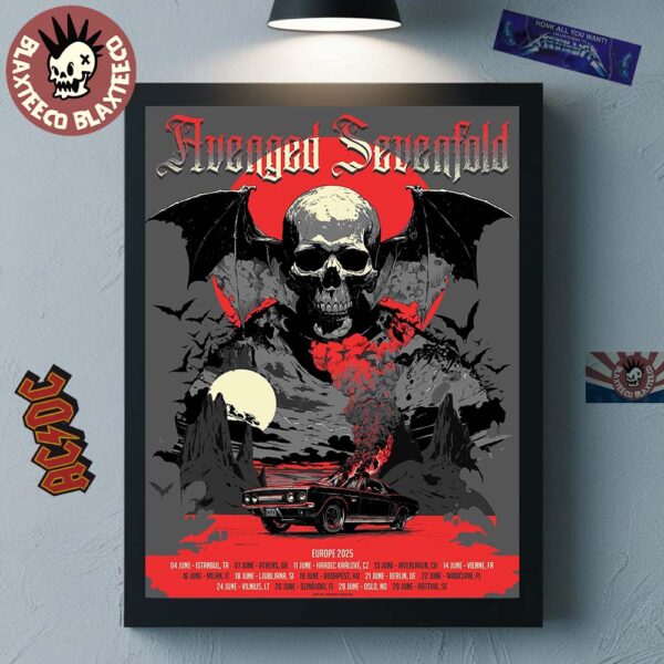 Avenged Sevenfold Summer 2025 Tour Europe Gig Poster Burning Car Art With Tour Dates Home Decor Poster Canvas
