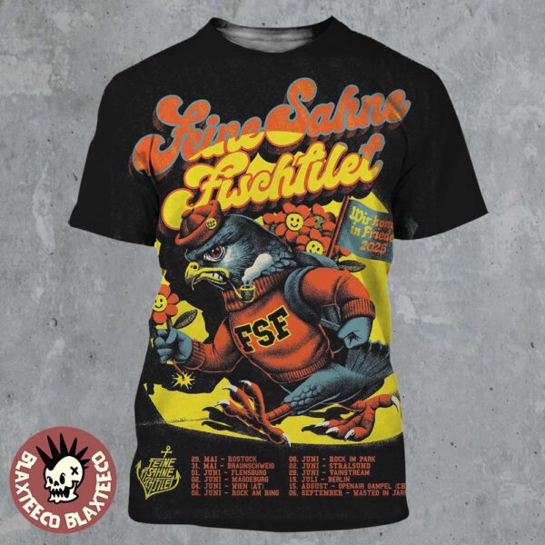 Feine Sahne Fischfilet Wir Kommen in Frieden Tour 2025 Angry Falcon Art With Tour Dates All Over Print Shirt