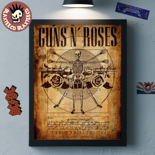 Guns N Roses Firenze Rocks Festival 2025 Gig Poster In Florence Italy On June 12 2025 Vitruvian Man Skeleton Art Home Decor Poster Canvas