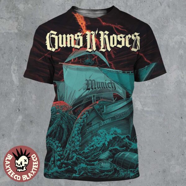 Guns N Roses Munich Germany 2025 Venue Poster At Allianz Arena On June 20 2025 The Kraken Destroy The Ship Art All Over Print Shirt