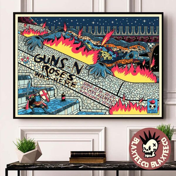 Guns N Roses Was Here Barcelona Spain 2025 Concert Poster At Estadi Olimpic On June 9 2025 The Legend Of Sant Jordi And The Dragon X Gaudi Guell Park Art Landscape Poster Canvas