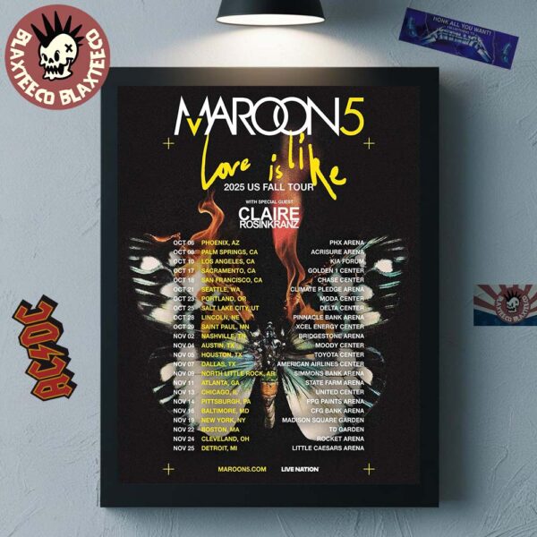Maroon 5 Love Is Like 2025 US Fall Tour Cities Dates Home Decor Poster Canvas