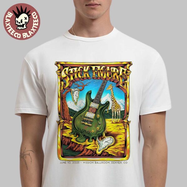 Stick Figure Denver Colorado 2025 Night 1 Venue Poster At Mission Ballroom On June 10 2025 Dripping Guitar Art Unisex T-Shirt