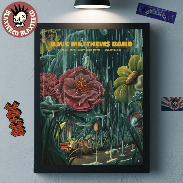 Dave Matthews Band Noblesville Indiana Gig Poster At Ruoff Music Center On July 11 2025 Bus Stop Sheltered By A Flower During A Rain Storm Poster Canvas