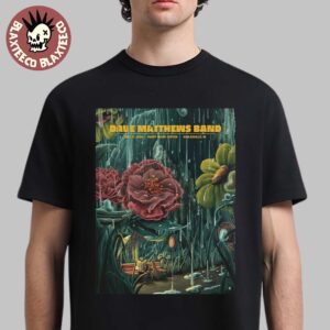 Dave Matthews Band Noblesville Indiana Gig Poster At Ruoff Music Center On July 11 2025 Bus Stop Sheltered By A Flower During A Rain Storm T-Shirt