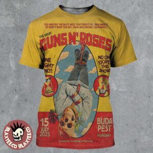 Guns N Roses Budapest Hungary 2025 Tour Poster At Ferenc Puskas Stadium On July 15 2025 One Night Only No One Escapes This Show Hanging Skeleton All Over Print Shirt