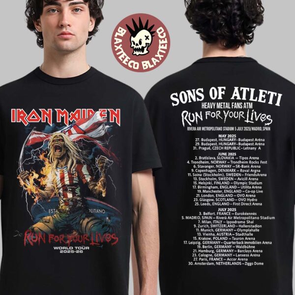 Iron Maiden Run For Your Lives World Tour 2025 2026 Sons Of Atleti Heavy Metal Fans ATM Eddie Atletico de Madrid Two Sided T-Shirt