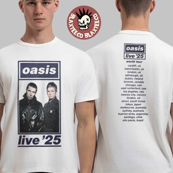 Oasis Live 25 World Tour Band Photo UK Design With Tour Dates Two Sided T-Shirt