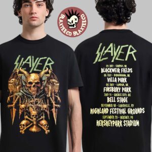 Slayer Farewell Tour 2025 Merch Skull Throne Art With Tour Dates Two Sided T-Shirt