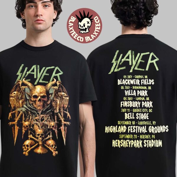 Slayer Farewell Tour 2025 Merch Skull Throne Art With Tour Dates Two Sided T-Shirt
