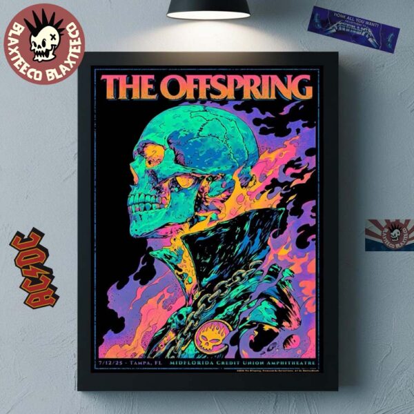 The Offspring Tampa Florida 2025 Venue Poster At MidFlorida Credit Union Amphitheatre On July 12 2025 Flaming Skeleton Supercharged Worldwide North American Tour Poster Canvas