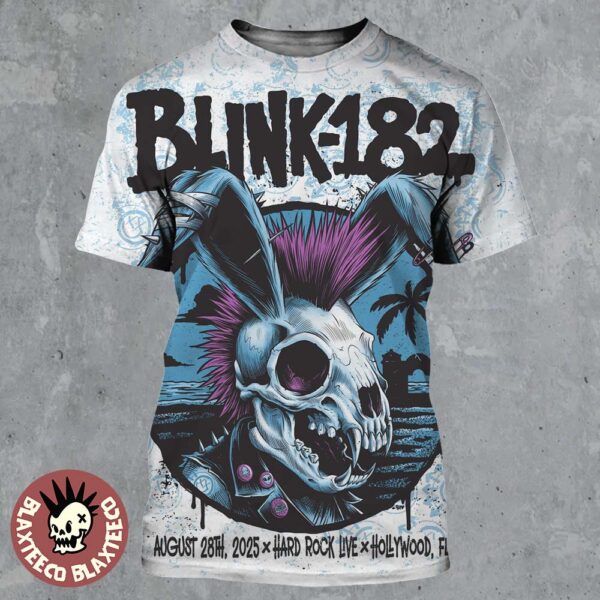 Blink 182 Hollywood Florida 2025 Gig Poster At Hard Rock Live On August 28 2025 Missionary Impossible Tour Skeleton Punk Rabbit Art All Over Print Shirt