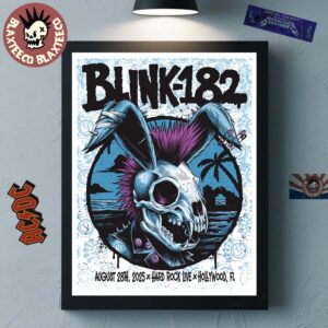 Blink 182 Hollywood Florida 2025 Gig Poster At Hard Rock Live On August 28 2025 Missionary Impossible Tour Skeleton Punk Rabbit Art Home Decor Poster Canvas