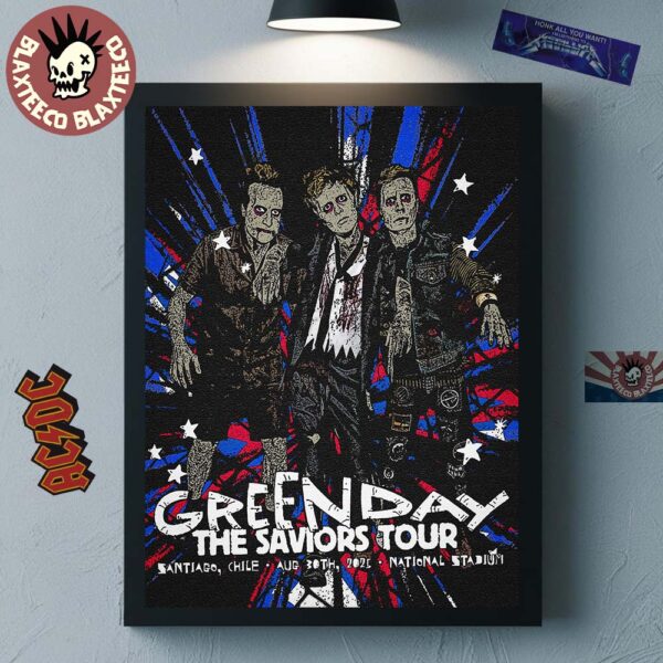 Green Day The Saviors Tour Concert Poster For Santiago Chile At National Stadium On August 30 2025 Home Decor Poster Canvas