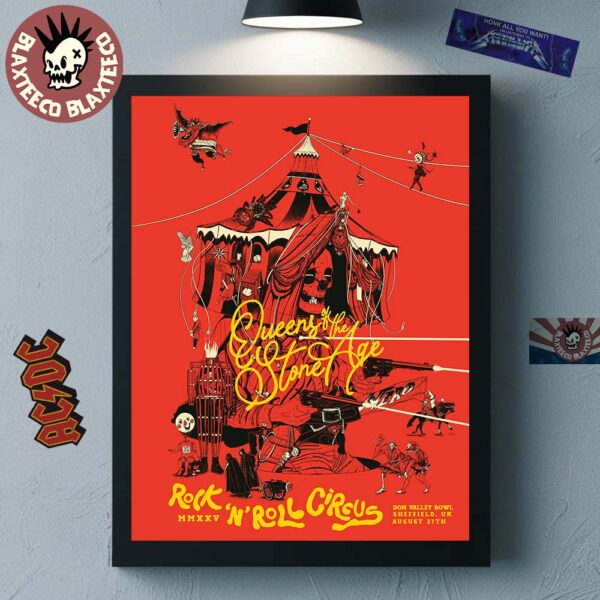 Queens Of The Stone Age Sheffield UK 2025 Night 1 Venue Poster At Don Valley Bowl On August 27 2025 Rock N Roll Circus Poster Canvas For Home Decor