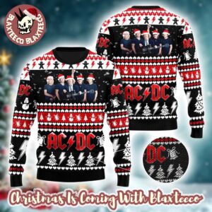 ACDC Band Members Photo With Santa Hats Holiday Christmas Ugly Sweater