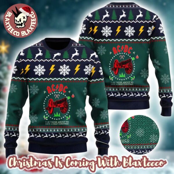 ACDC For Those To Have A Great Christmas Xmas Wreath Cannon Knitted Green Christmas Ugly Sweater