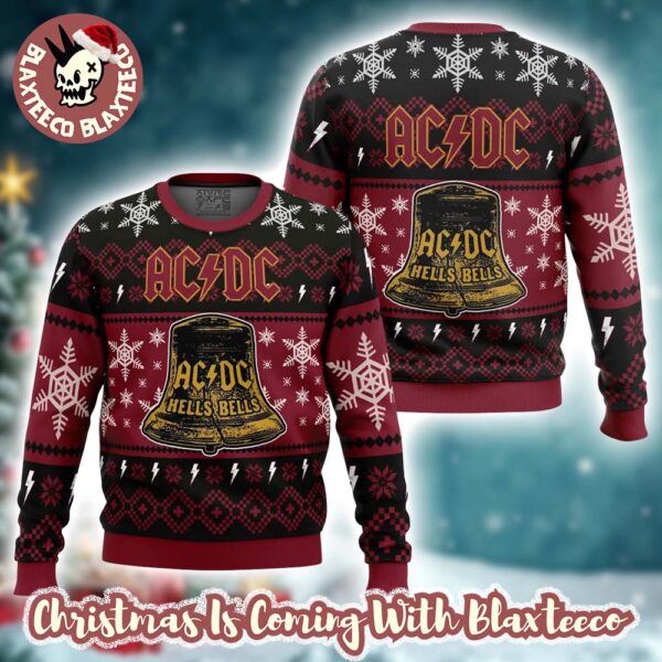 ACDC Hells Bells Signature Big Cracked Bell With Snowflakes Pattern 2025 Christmas Ugly Sweater
