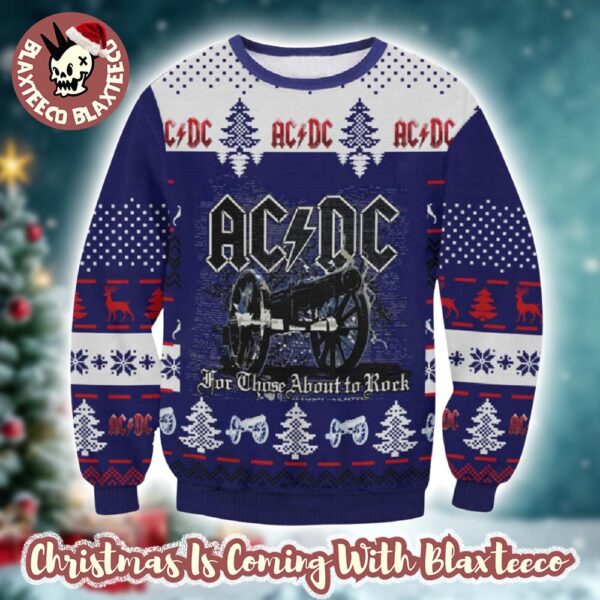 ACDC Signature Cannon For Those About To Rock Knitted Purple Ugly Christmas Sweater