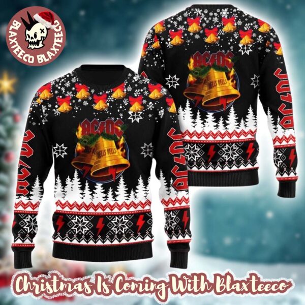 ACDC Signature Hells Bells Snowy Night Pattern Jingle Bells Xmas Ugly Sweater