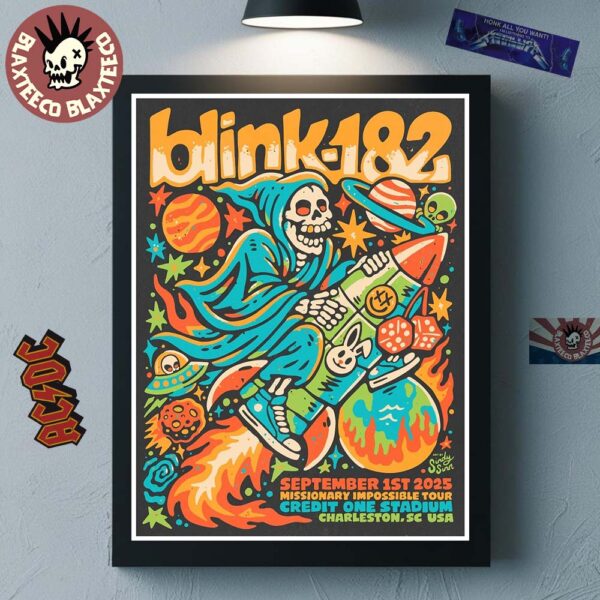 Blink 182 Charleston South Carolina 2025 Venue Poster At Credit One Stadium Missionary Impossible Tour On September 1 2025 Home Decor Poster Canvas