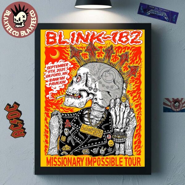Blink 182 Gilford New Hampshire 2025 Missionary Impossible Tour Venue Poster At Bank New Hampshire Pavilion On September 9 2025 Punk Skeleton Art Poster Canvas