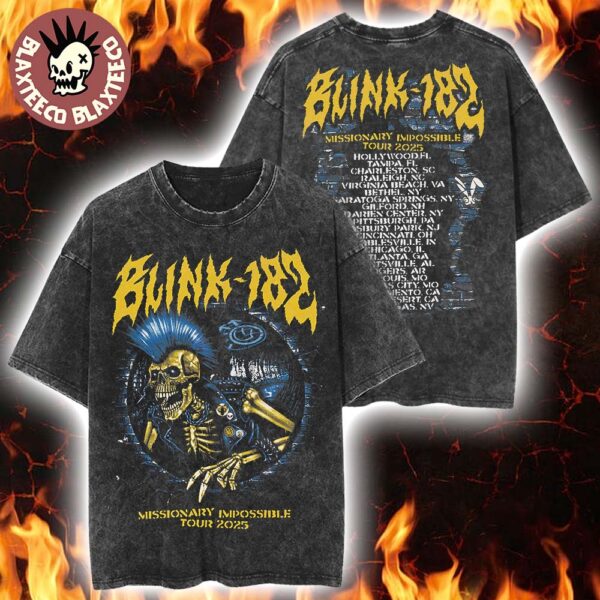 Blink 182 Mission Impossible Tour 2025 Exclusive Road Tee Skeleton Punk Rock Vintage Washed T-Shirt