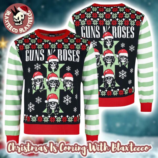 Guns N Roses Band Cross Logo Skeletons With Santa Hats Xmas Holiday Jumper Multicolor Ugly Christmas Sweater