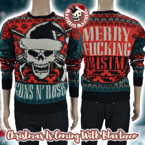 Guns N Roses Skull Santa Signature Logo Merry Fucking Christmas Ugly Christmas Sweater