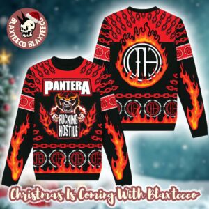 Pantera Fucking Hostile Skeleton With Flame Big Logo Pattern Holiday Ugly Christmas Sweater