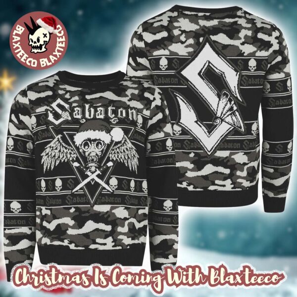 Sabaton Big Logo Black And Grey Camo Pattern Knitted Ugly Christmas Sweater