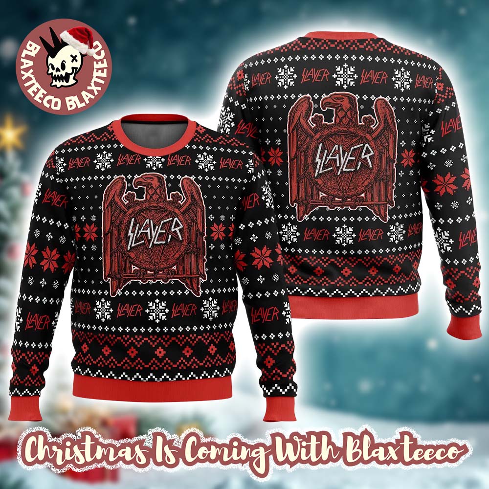 Slayer Big Red Eagle Logo With Snowflakes Pattern Christmas Ugly Sweater