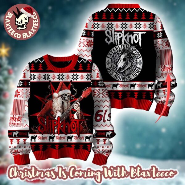 Slipknot Established 1995 Des Moines Iowa Skeleton Santa Playing Guitar Personalized Christmas Ugly Sweater