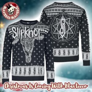 Slipknot Fucking Holidays Logo Goat Head And Tribal S Logo Blink Pattern Black And Grey Ugly Christmas Sweater